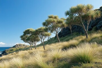 Scenic coastal landscape featuring lush grass and distinctive trees under a clear blue sky