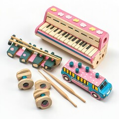 Naklejka premium Wooden toy piano, xylophone, bus, and rollers; child's play; white background; early childhood education