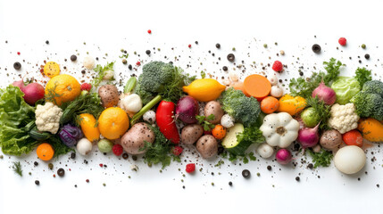 A vibrant array of fresh vegetables and herbs arranged on a light background, showcasing a rainbow of colors and textures.