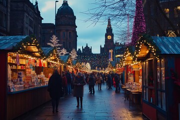 Obraz premium A festive Christmas market with twinkling lights and decorations