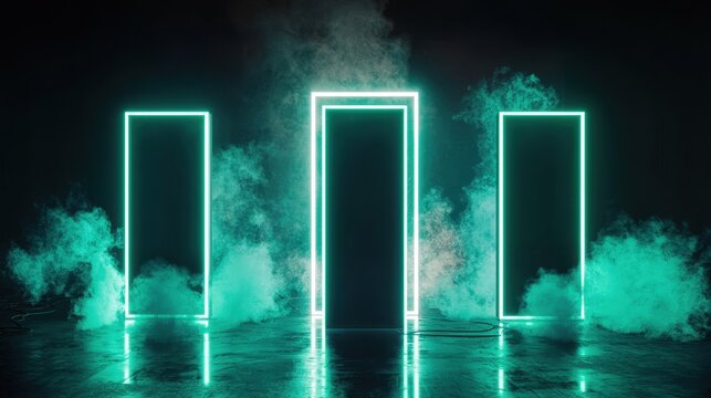 Futuristic Neon Doorway Surrounded Ethereal Mist Dark Space
