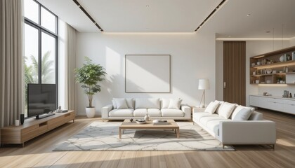 Modern minimalist living room with natural light and elegant furnishings