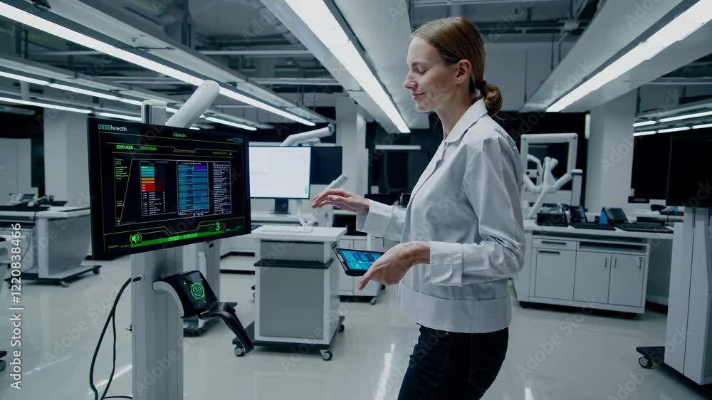 Poster technician monitors advanced robotics in a high-tech research facility during a late evening shift