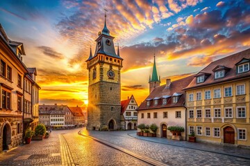 Fototapeta premium Majestic Old Town Tower at Sunrise, Rule of Thirds Composition