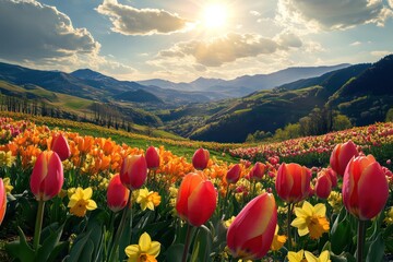 A vibrant valley bursting with tulips and daffodils under a radiant spring sun