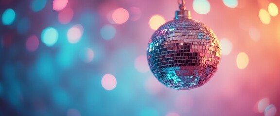 A dazzling disco ball hangs in mid-air, reflecting a kaleidoscope of colorful lights against a dreamy backdrop. This enchanting scene captures the essence of celebration and joy, inviting viewers to
