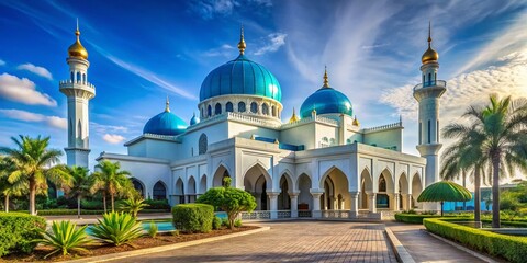 Fototapeta premium Majestic Pahang Mosque, Kuantan, Malaysia: Stunning Architectural Detail & Lush Greenery - Stock Photo
