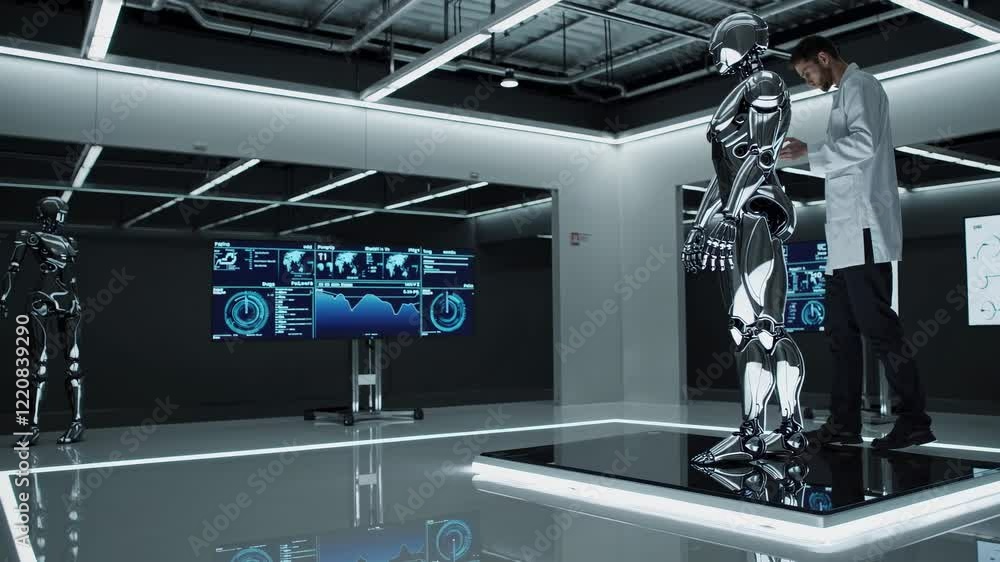 Poster advancements in robotics showcased in a high-tech lab with interactive displays and humanoid figures