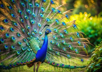 Obraz premium Majestic Peacock in Low Light: Vibrant Blue Feathers & Summer Park
