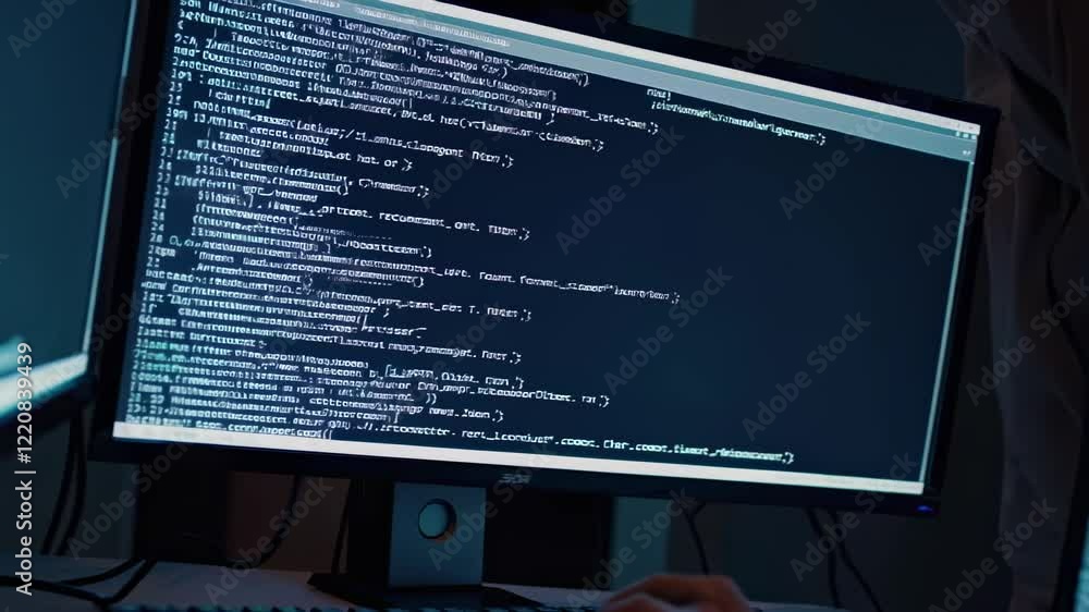 Poster Exploring coding techniques and software development in a tech workspace during late night hours