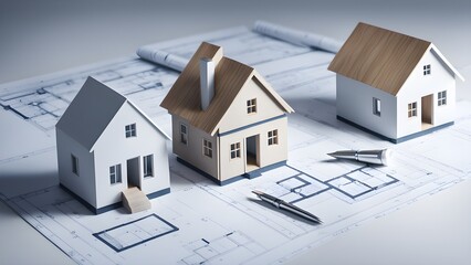 Three miniature house models sit on architectural blueprints with pens, showcasing home design and construction planning.