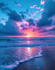 Vibrant ocean sunset with dramatic clouds and colorful reflections