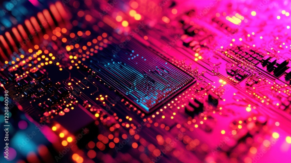 Poster close-up of a vibrant circuit board with glowing components and intricate details