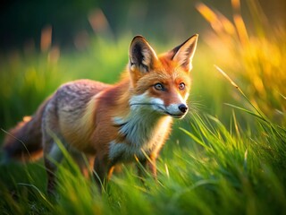 Obraz premium Majestic Red Fox in Vibrant Green Grass - Long Exposure Photography