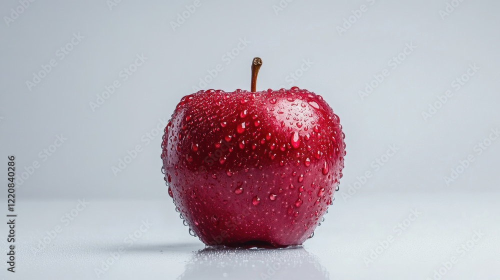 Aufkleber shiny red apple with water droplets on a reflective surface, creating a fresh and appealing look.