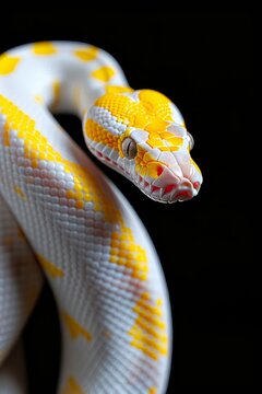 Albino Snake on Black Background: A close-up of an albino Burmese python coiled elegantly on a glossy black surface. Reptile. Wildlife. Snakes.
