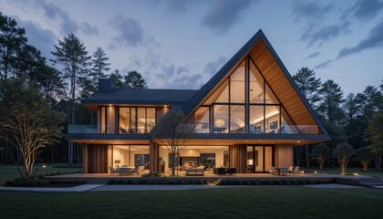 Fototapeta premium Modern a-frame house in forest at dusk with wooden exterior and large windows
