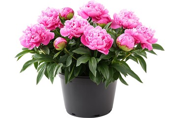 Pink peonies in full bloom in a pot with green leaves and pretty pink flowers. standing on a white background