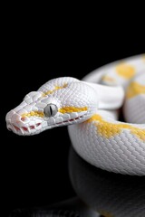 Fototapeta premium Albino Snake on Black Background: A close-up of an albino Burmese python coiled elegantly on a glossy black surface. Reptile. Wildlife. Snakes.