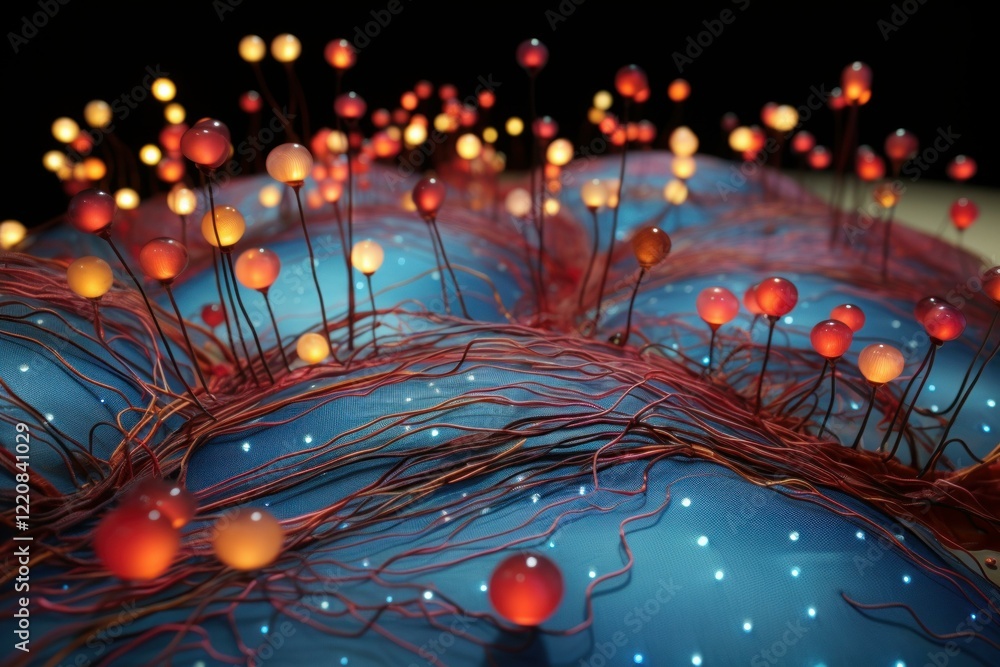 Poster illuminated spheres rise from a complex network of wires, forming a mesmerizing and otherworldly sce