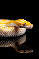 Obraz premium Albino Snake on Black Background: A close-up of an albino Burmese python coiled elegantly on a glossy black surface. Reptile. Wildlife. Snakes.
