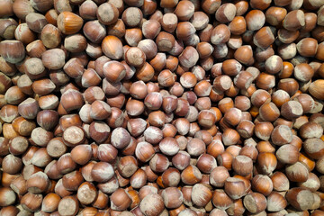 Stack of hazelnuts on a market stall