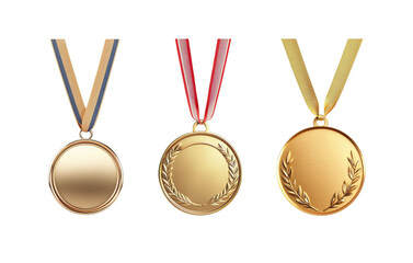 Collection of gold medals with colorful ribbons