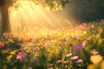 Obraz premium Vibrant spring meadow filled with blooming wildflowers and soft golden sunlight