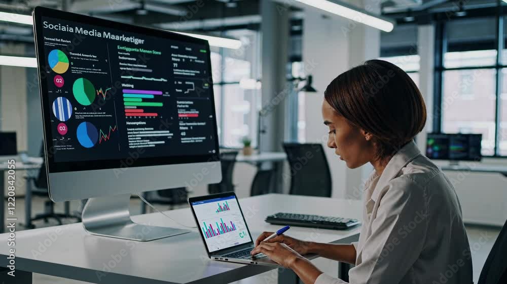 Poster working in a modern office environment with data analysis on screen and laptops open