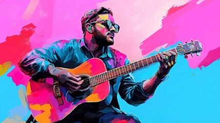 Obraz premium Vibrant Abstract Portrait of Musician Playing Acoustic Guitar