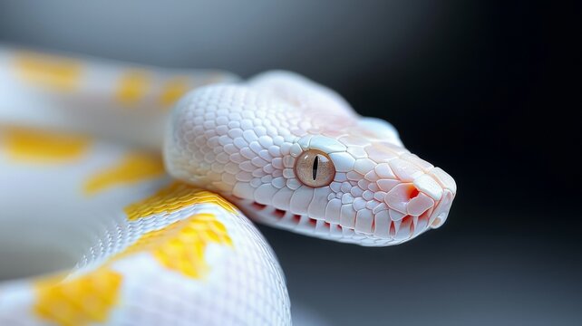 Albino Snake on Black Background: A close-up of an albino Burmese python coiled elegantly on a glossy black surface. Reptile. Wildlife. Snakes.