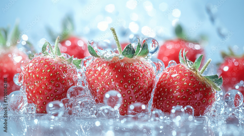 Poster fresh strawberries splashing in water, creating a refreshing and vibrant scene with bubbles and a so