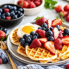 Waffles, berries, fried egg breakfast plate