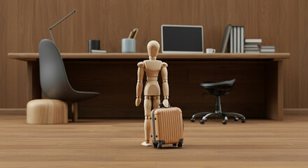 木製のおもちゃとオフィスセットの3Dレンダリングイラスト