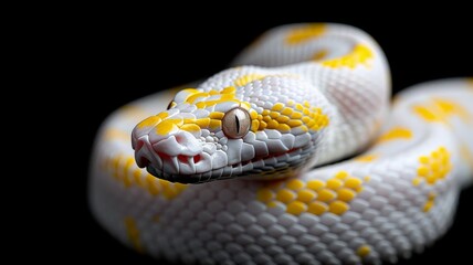 Fototapeta premium Albino Snake on Black Background: A close-up of an albino Burmese python coiled elegantly on a glossy black surface. Reptile. Wildlife. Snakes.