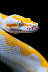 Obraz premium Albino Snake on Black Background: A close-up of an albino Burmese python coiled elegantly on a glossy black surface. Reptile. Wildlife. Snakes.