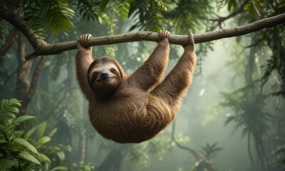 A brown-throated sloth suspended from a sturdy branch in the midst of dense foliage , natural habitat , hanging upside down, dense vegetation