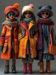 Colorful handcrafted Plastic toy dolls dressed in winter fashion stand together against a gray backdrop