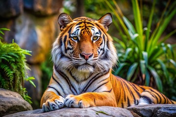 Fototapeta premium Majestic Tiger Relaxing in Lush Zoo Habitat - Close-Up Stock Photo