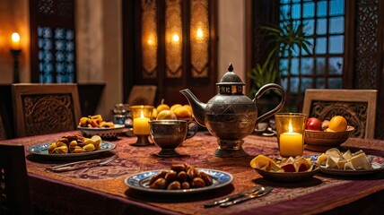 A beautiful table setting for an Iftar meal, featuring traditional dishes, dates, fruits, and a teapot with cups. The warm