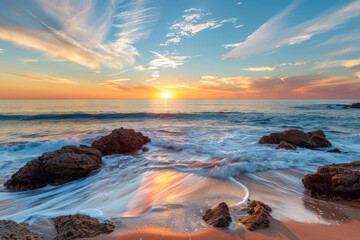 cave of coast rock stone ocean under sunset light water wave sky and cloud