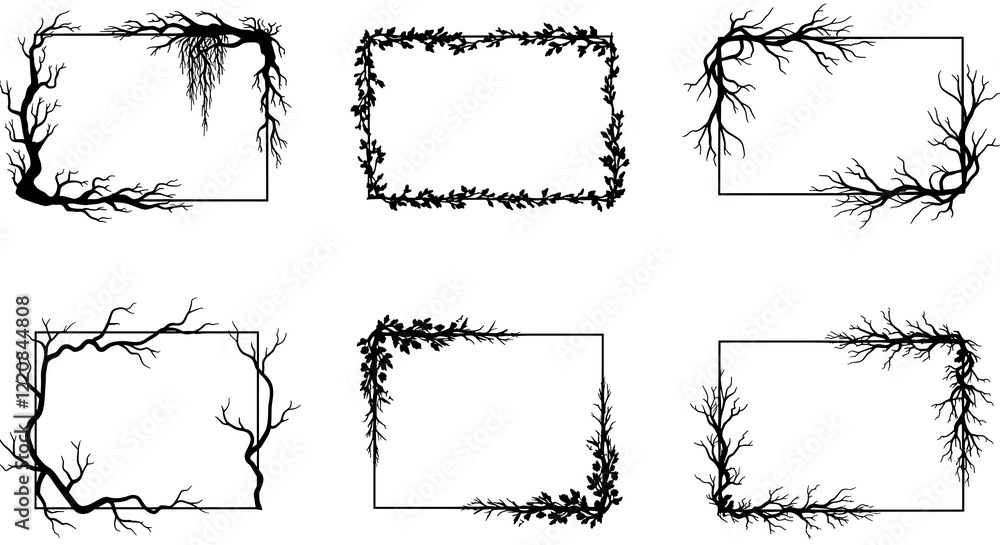 Poster dry branches silhouettes rectangular shape frame set. arid tree part with leaves elegant liana creep