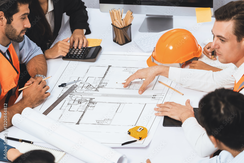 Aufkleber diverse group of civil engineer and client working together on architectural project, reviewing cons