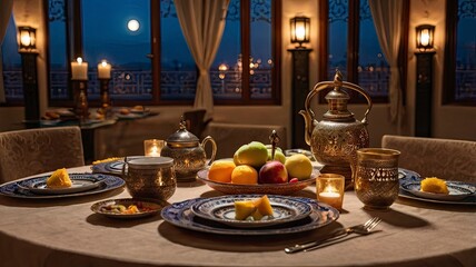 A beautiful table setting for an Iftar meal, featuring traditional dishes, dates, fruits, and a teapot with cups. The warm
