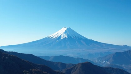 Fototapeta premium Fuji against a clear blue sky with only a few wispy clouds, clear, peaceful mountains, serene scenery