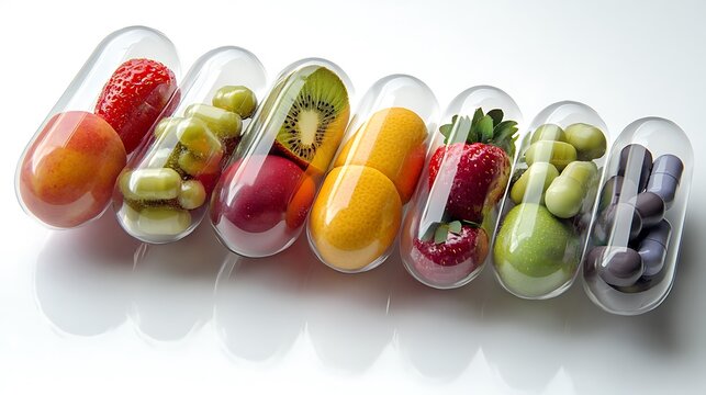 3D illustration depicts medical capsules filled with various fruits for vitamin supplements,