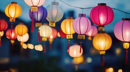 Traditional Chinese lanterns in authentic Asian aesthetics. Festive backdrop for the Latern Festival, celebrating with lanterns aglow.