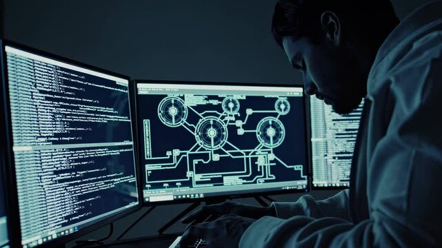 Expert programmer works intensely on multiple screens analyzing complex code and data patterns in a dimly lit room
