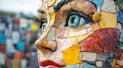 Fototapeta premium Colorful mosaic face sculpture with captivating blue eyes detail