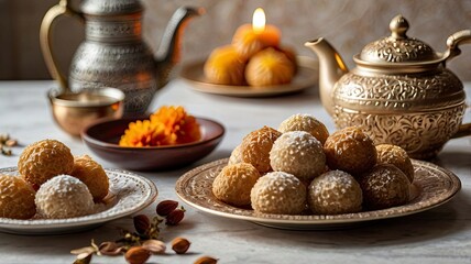 A close-up of a plate of beautifully arranged Eid desserts, such as maamoul, baklava, and coconut balls, with a teapot and decorative lanterns in the background. The setting is bright and inviting